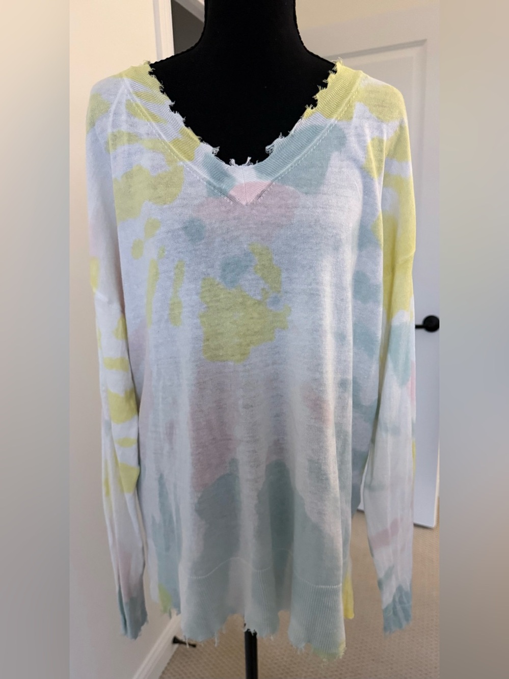 CHARLIE B Pastel Tie-Dye V-Neck Sweater - White, Yellow, Pink, Green